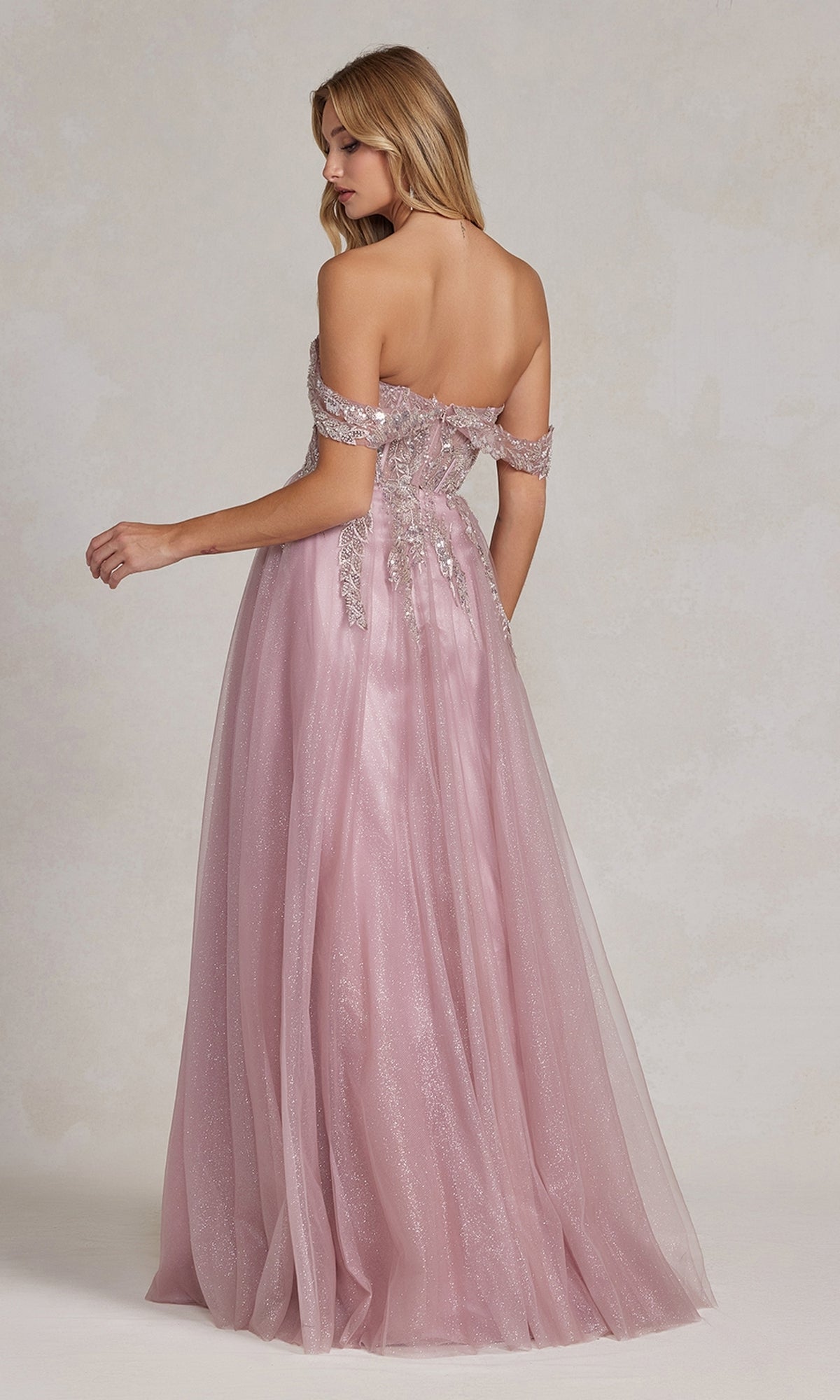 Baby pink off shop the shoulder prom dress