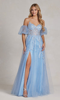 Puff-Sleeve Sheer-Corset Long Blue Prom Dress