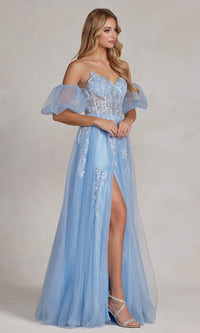 Puff-Sleeve Sheer-Corset Long Blue Prom Dress