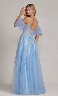 Puff-Sleeve Sheer-Corset Long Blue Prom Dress