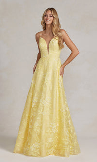 Long Yellow Prom Ball Gown with Plunging V-Neck