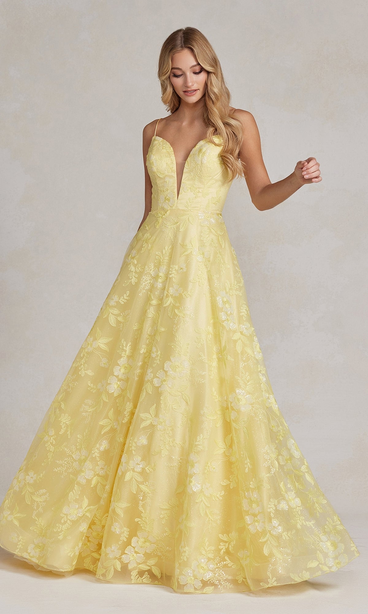 Long Yellow Prom Ball Gown with Plunging V-Neck