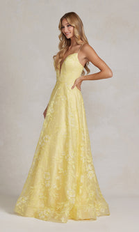 Long Yellow Prom Ball Gown with Plunging V-Neck