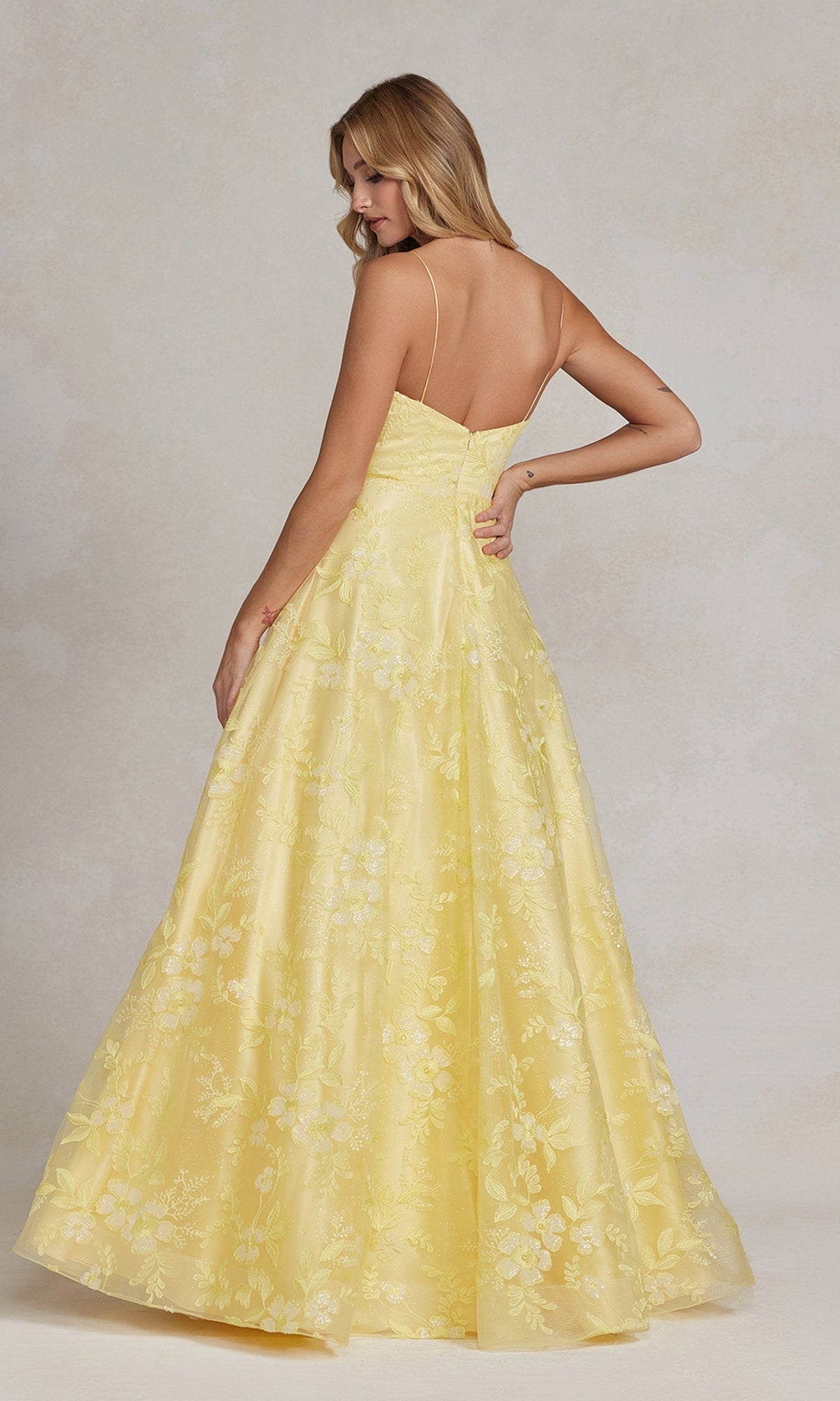 Long Yellow Prom Ball Gown with Plunging V-Neck