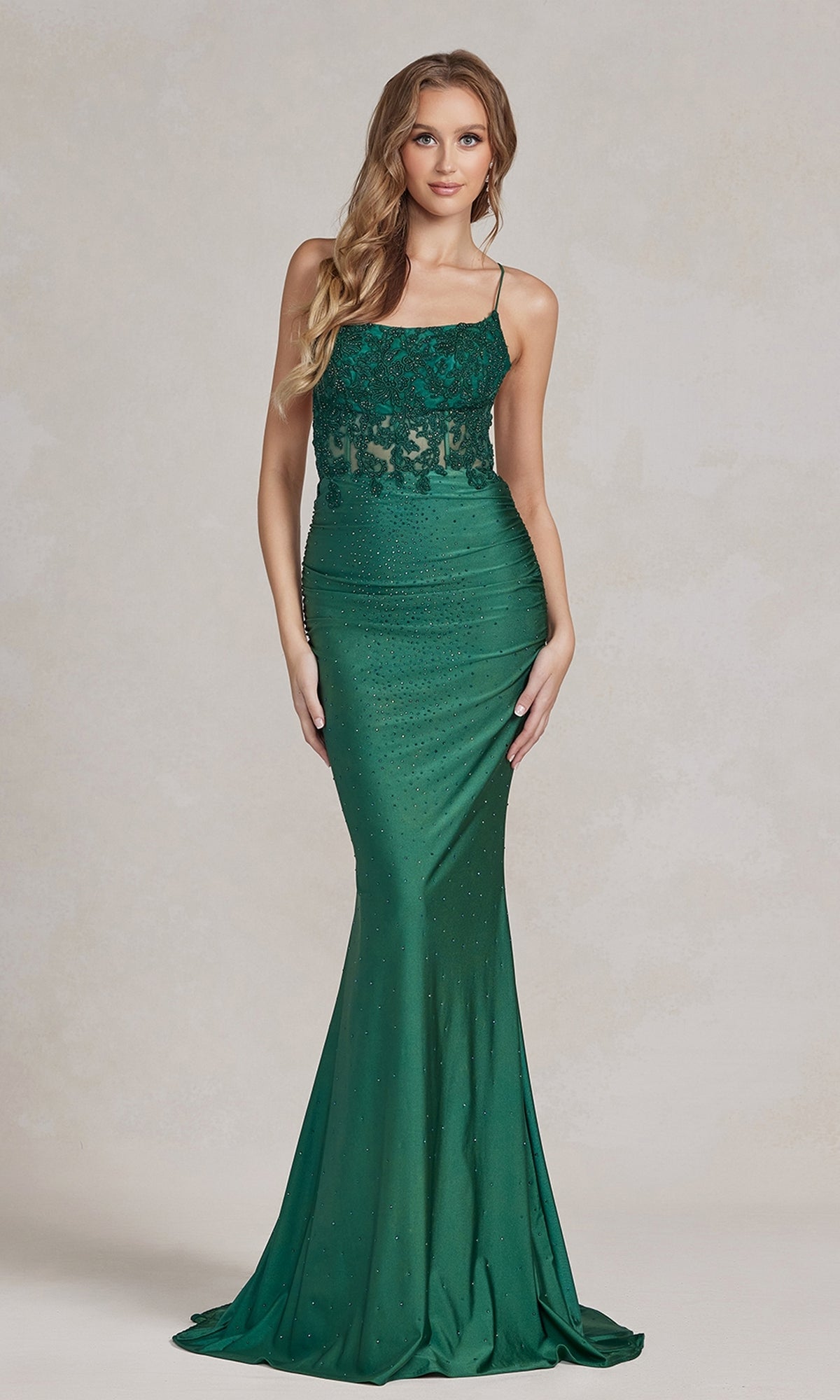 Backless Prom Dress with Beaded Floral Appliques