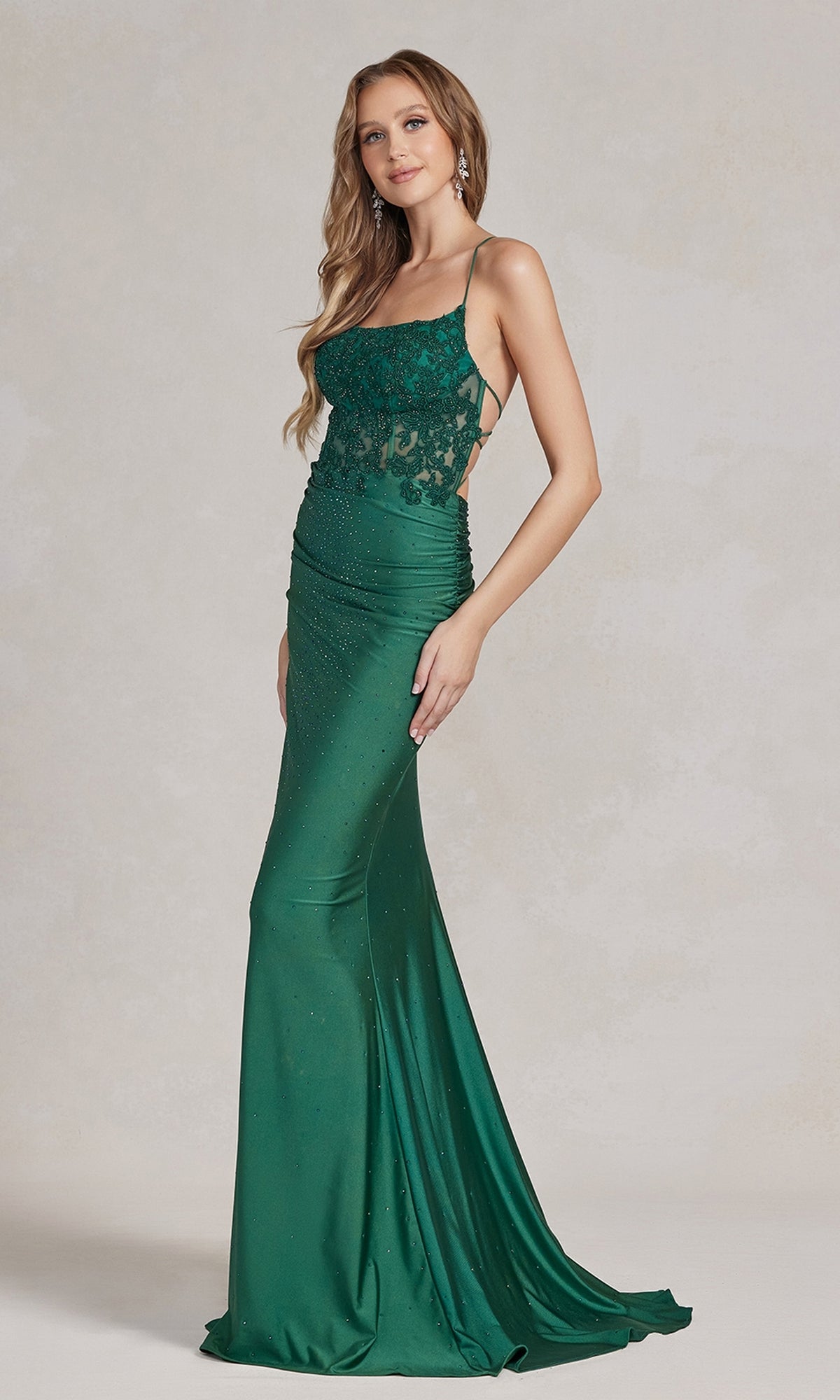 Backless Prom Dress with Beaded Floral Appliques