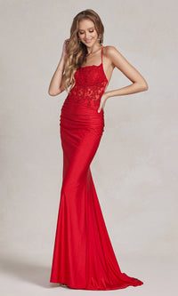 Backless Prom Dress with Beaded Floral Appliques