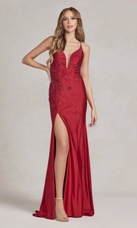 Backless Prom Dress with Floral Beaded Pattern