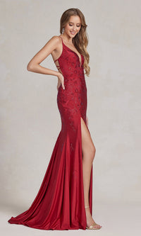 Backless Prom Dress with Floral Beaded Pattern