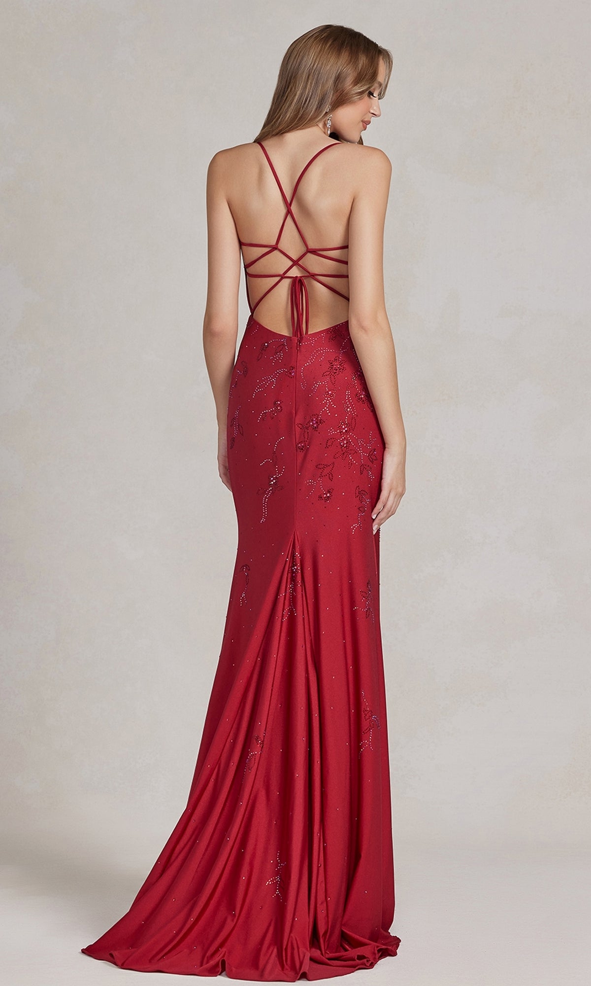 Backless Prom Dress with Floral Beaded Pattern