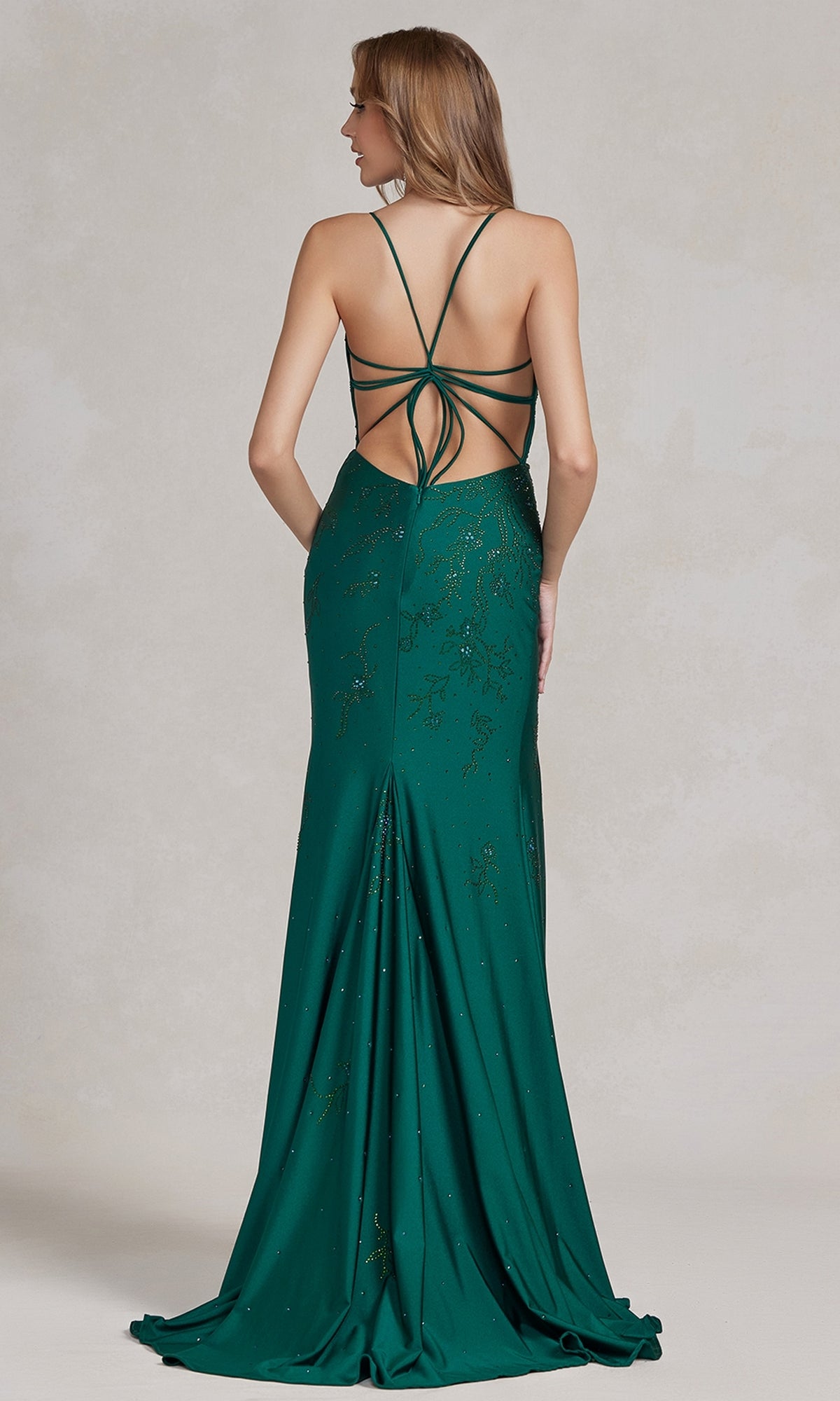 Backless Prom Dress with Floral Beaded Pattern