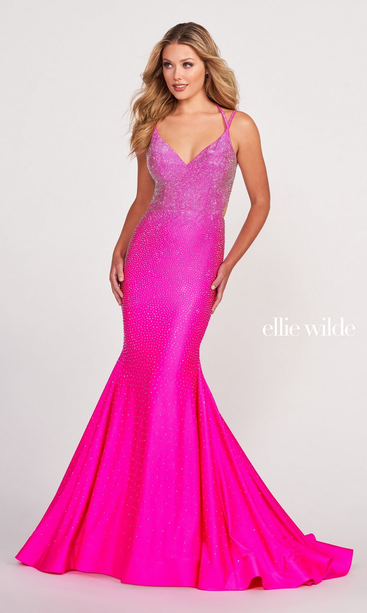 Strappy-Back Long Beaded Ellie Wilde Formal Gown