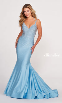 Strappy-Back Long Beaded Ellie Wilde Formal Gown