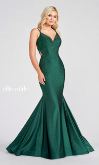 Strappy-Back Long Beaded Ellie Wilde Formal Gown