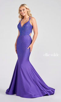 Strappy-Back Long Beaded Ellie Wilde Formal Gown