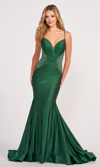 Sheer-Sides Beaded Stretch Mermaid Formal Dress