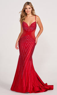 Sheer-Sides Beaded Stretch Mermaid Formal Dress