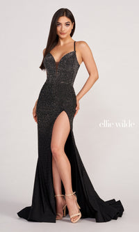 Ellie Wilde Butterfly-Back Long Beaded Prom Dress