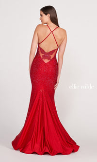 Ellie Wilde Butterfly-Back Long Beaded Prom Dress