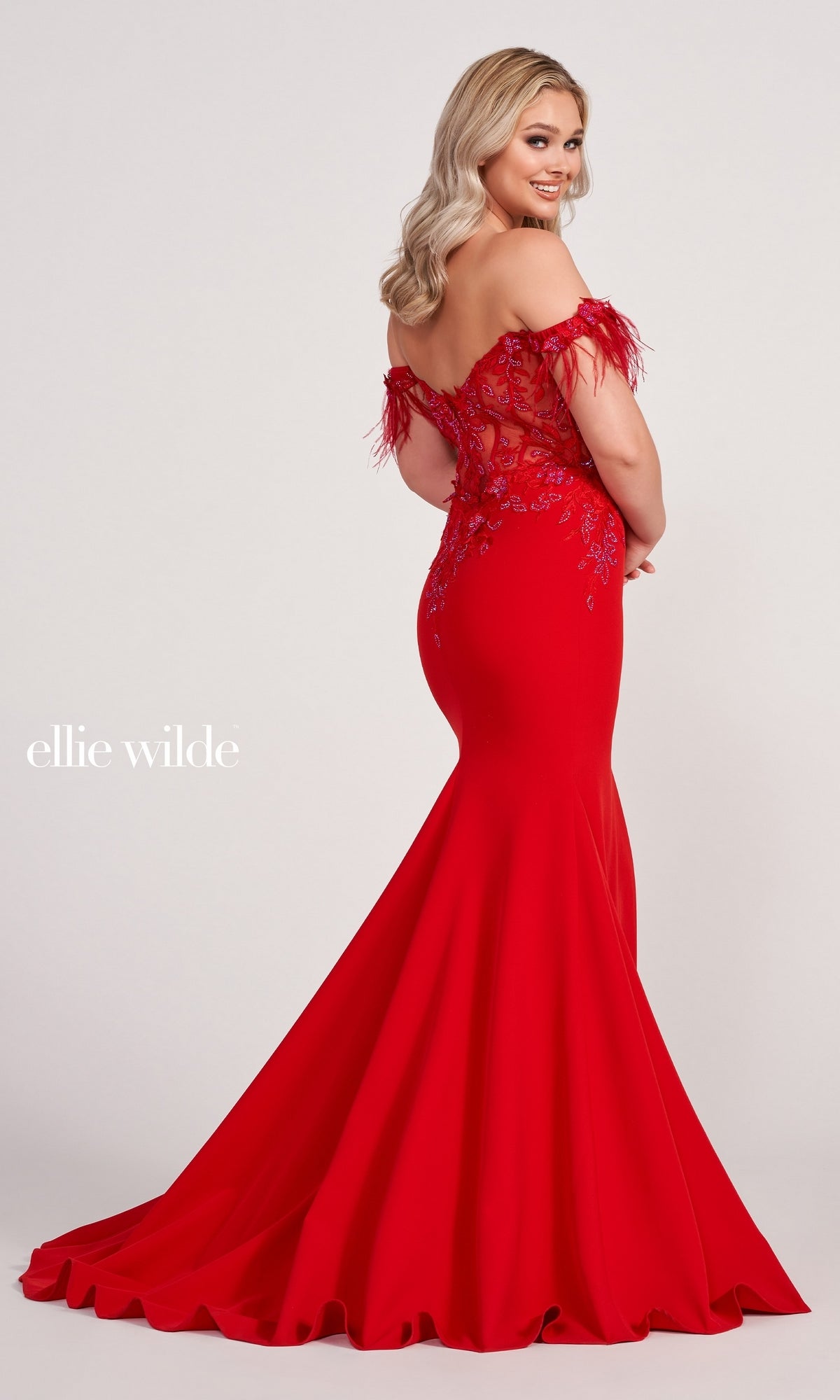 Ellie Wilde Feathered Off-Shoulder Long Prom Dress