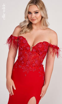 Ellie Wilde Feathered Off-Shoulder Long Prom Dress