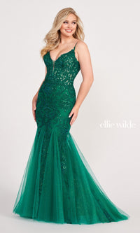 Sheer-Bodice Embroidered Long Mermaid Prom Dress