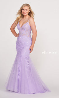 Sheer-Bodice Embroidered Long Mermaid Prom Dress