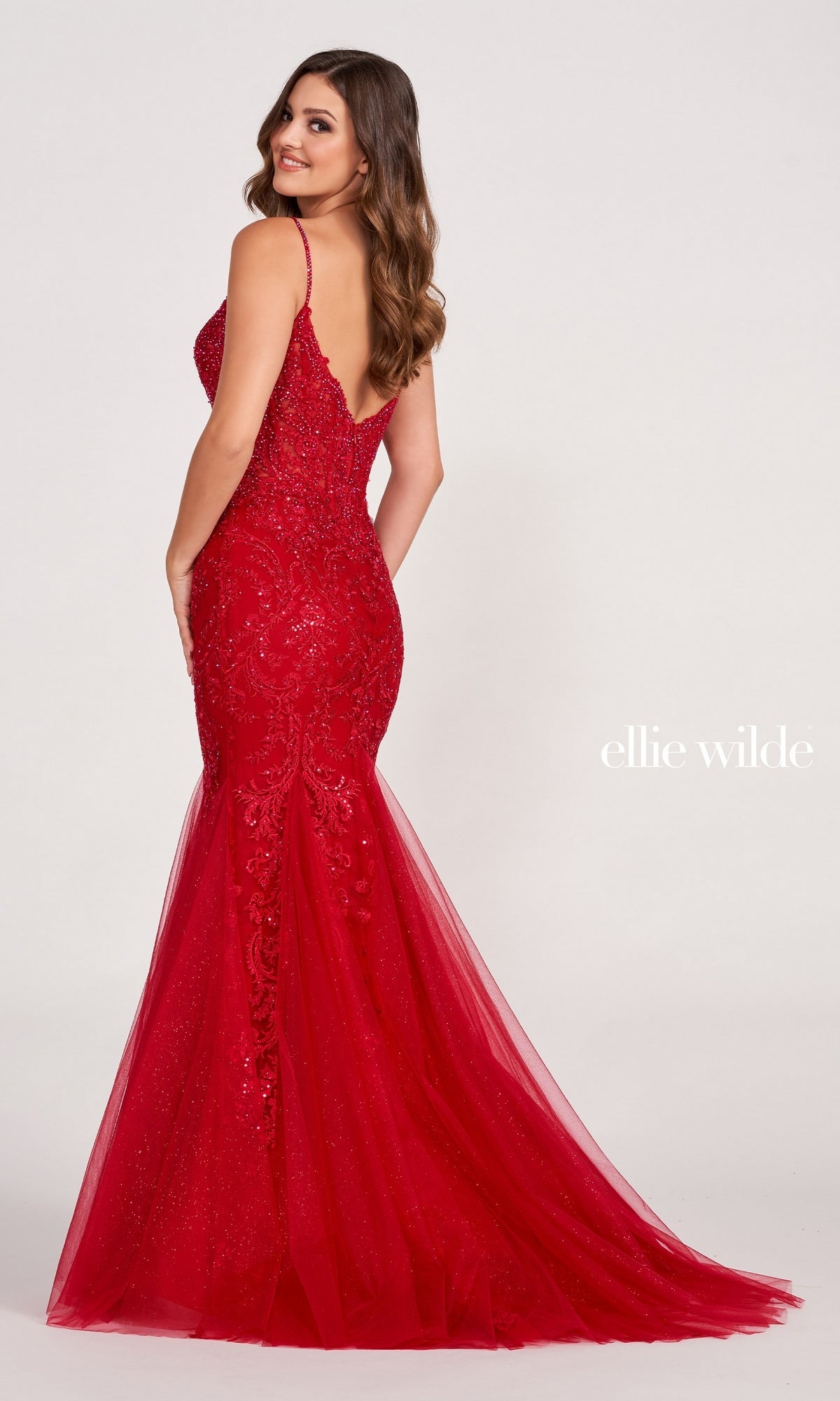 Sheer-Bodice Embroidered Long Mermaid Prom Dress