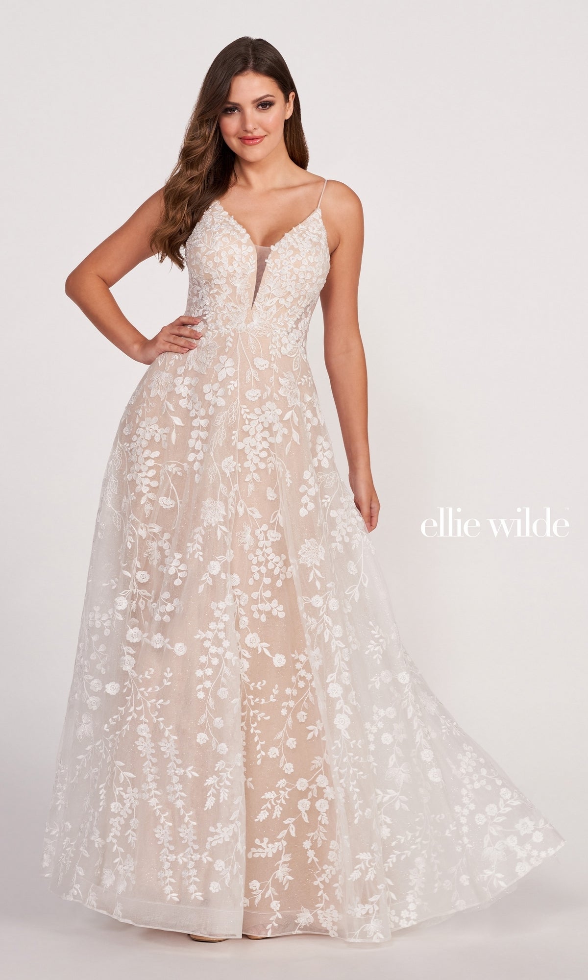 Ellie Wilde Sheer-Sides Beaded Long Prom Dress