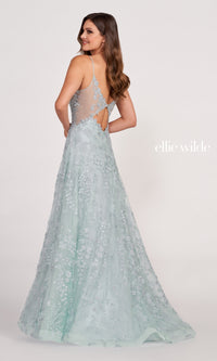 Ellie Wilde Sheer-Sides Beaded Long Prom Dress