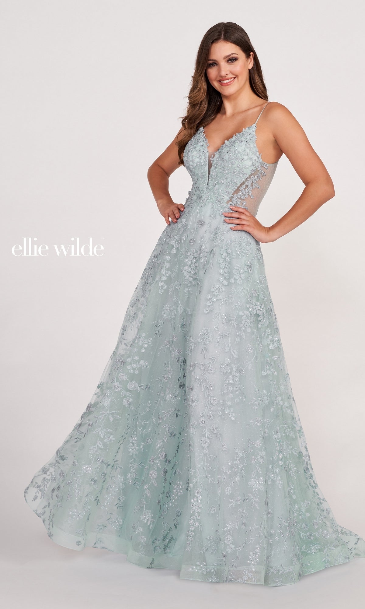 Ellie Wilde Sheer-Sides Beaded Long Prom Dress