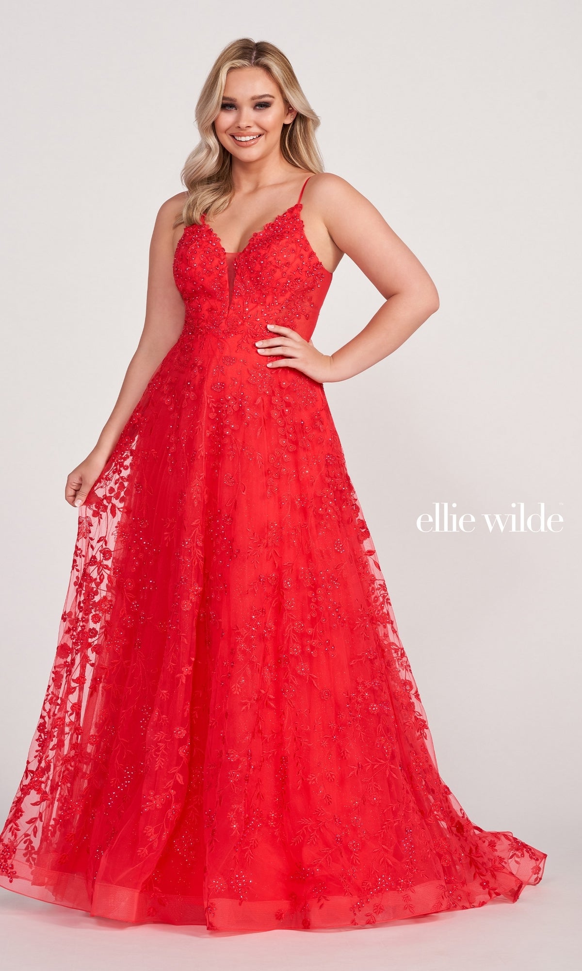 Ellie Wilde Sheer-Sides Beaded Long Prom Dress