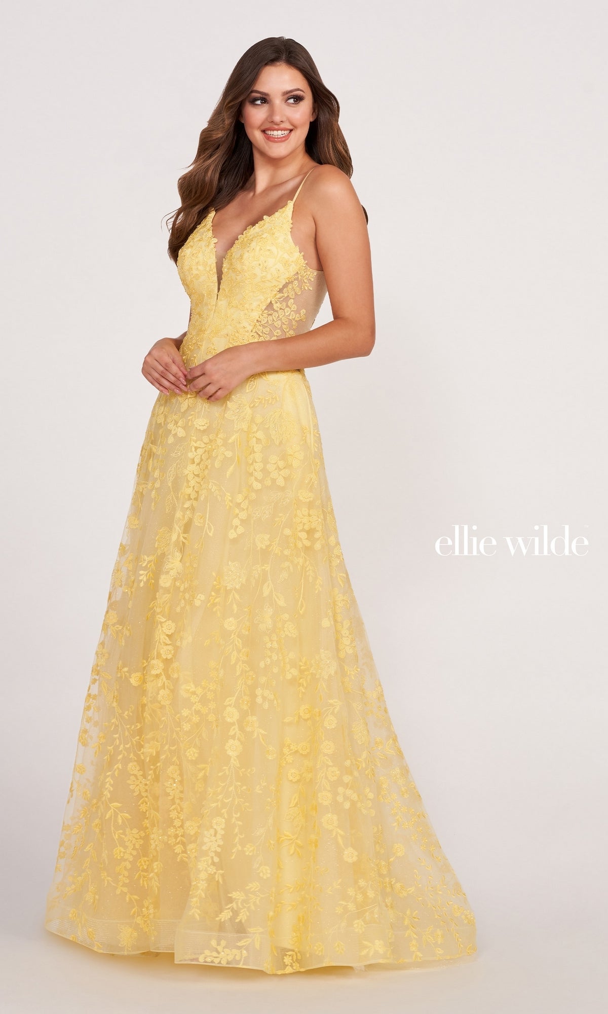 Ellie Wilde Sheer-Sides Beaded Long Prom Dress