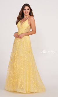 Ellie Wilde Sheer-Sides Beaded Long Prom Dress