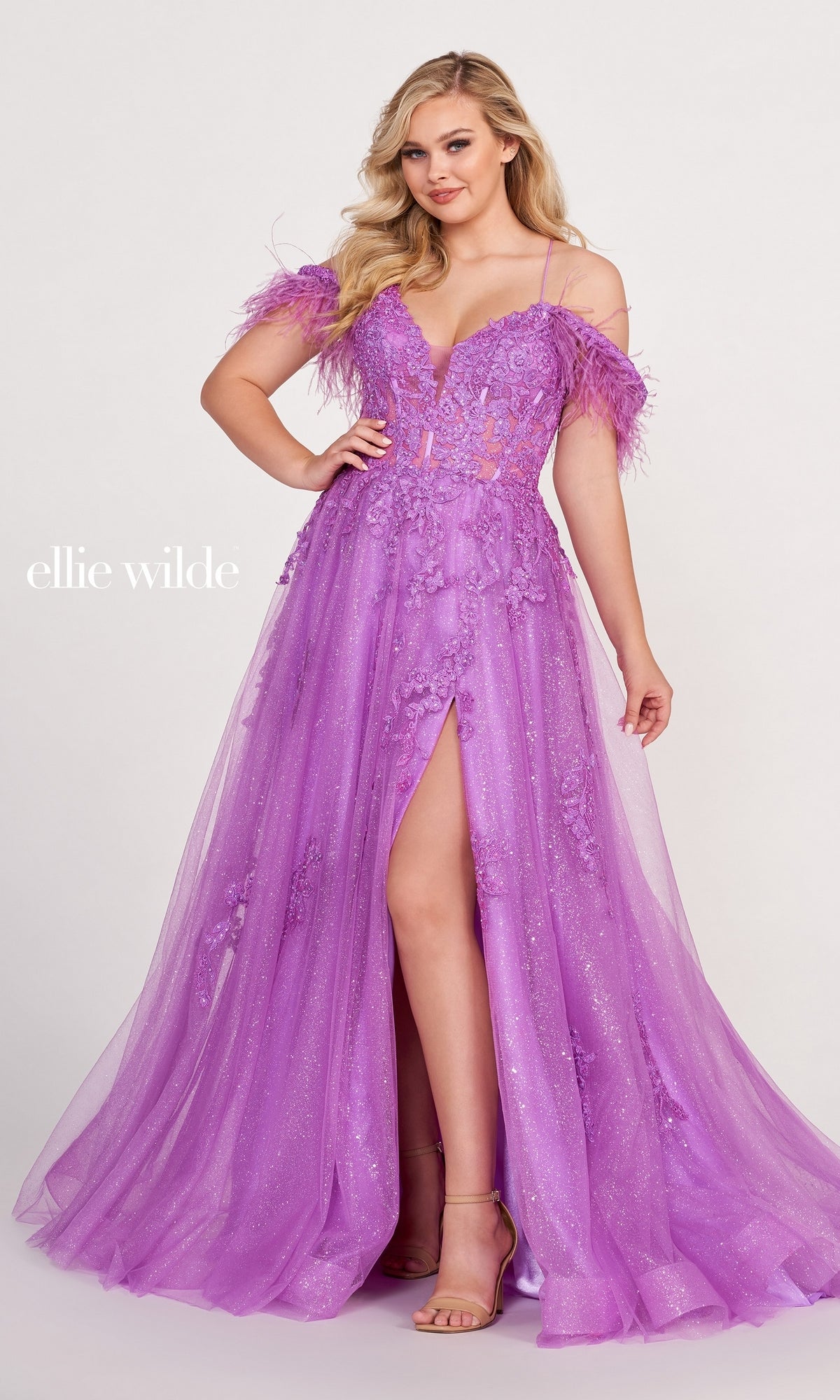 Glitter Ball Gown With Off The Shoulder Feather Sleeves