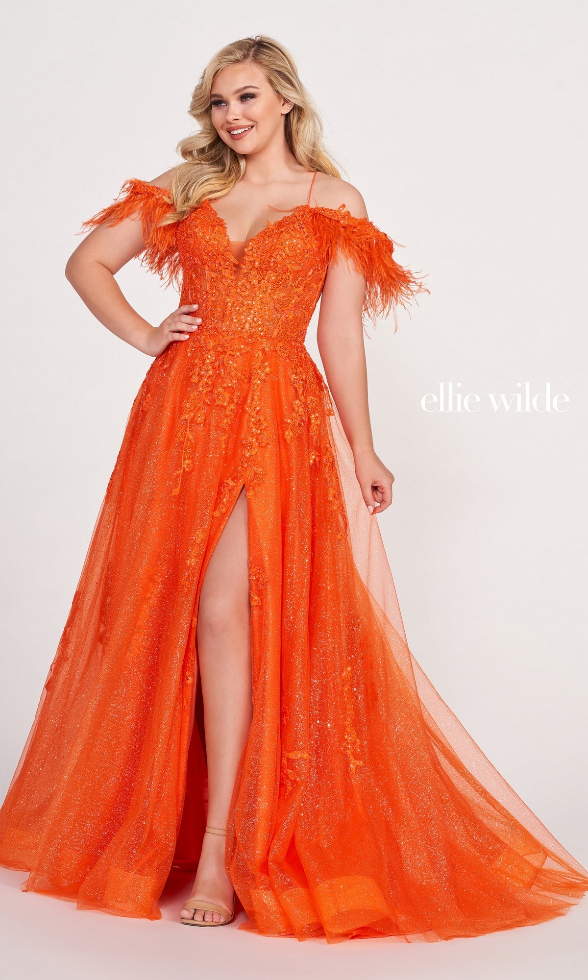 Glitter Ball Gown With Off The Shoulder Feather Sleeves