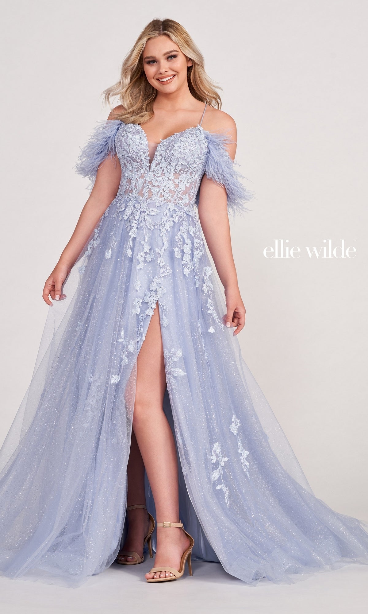 Glitter Ball Gown With Off The Shoulder Feather Sleeves