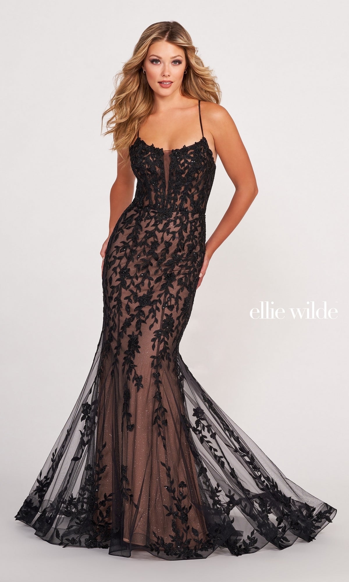 Lace Applique Over Glitter Jersey Gown EW34090