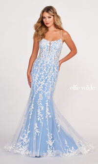 Lace Applique Over Glitter Jersey Gown EW34090