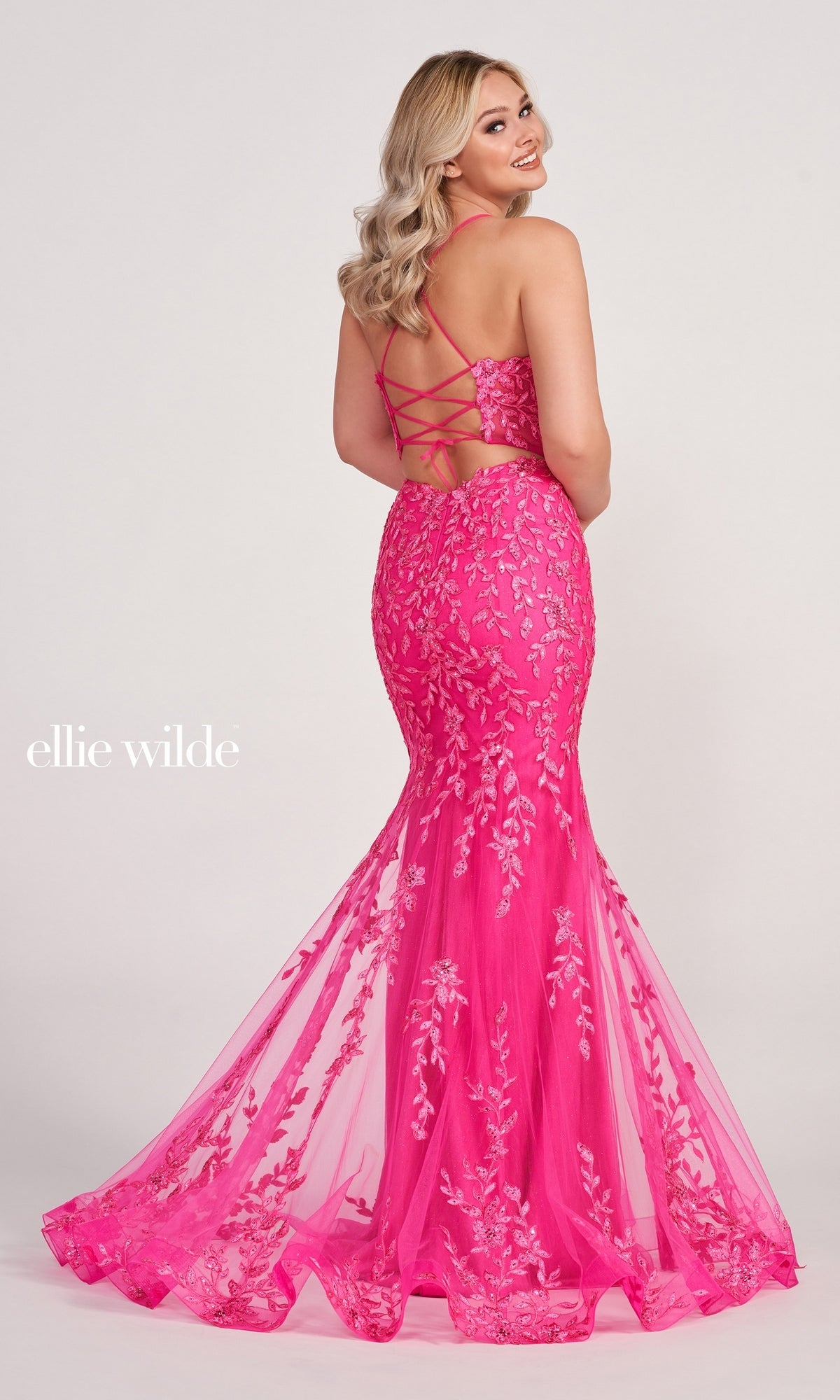 Lace Applique Over Glitter Jersey Gown EW34090