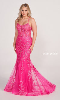 Lace Applique Over Glitter Jersey Gown EW34090