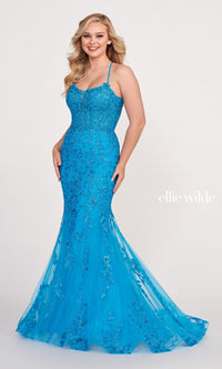 Lace Applique Over Glitter Jersey Gown EW34090