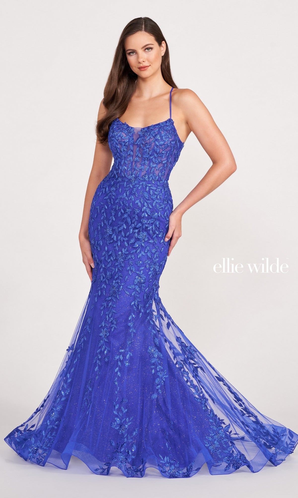 Lace Applique Over Glitter Jersey Gown EW34090