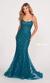 Lace Applique Over Glitter Jersey Gown EW34090