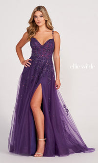 Ellie Wilde Long Glitter-Tulle A-Line Formal Dress