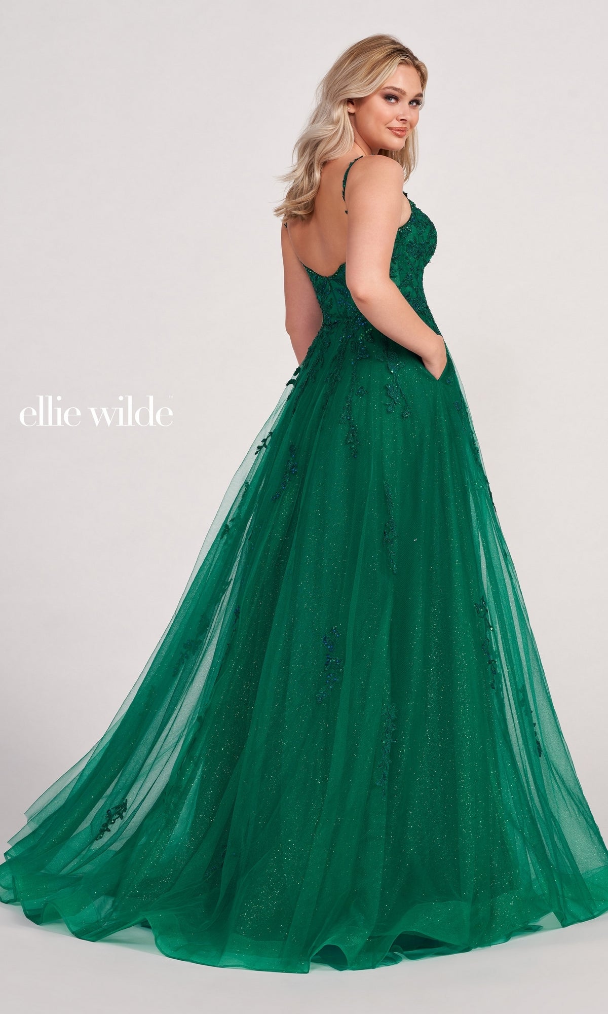 Ellie Wilde Long Glitter-Tulle A-Line Formal Dress