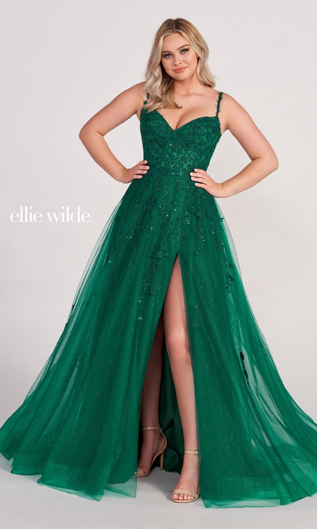 Ellie Wilde Long Glitter-Tulle A-Line Formal Dress