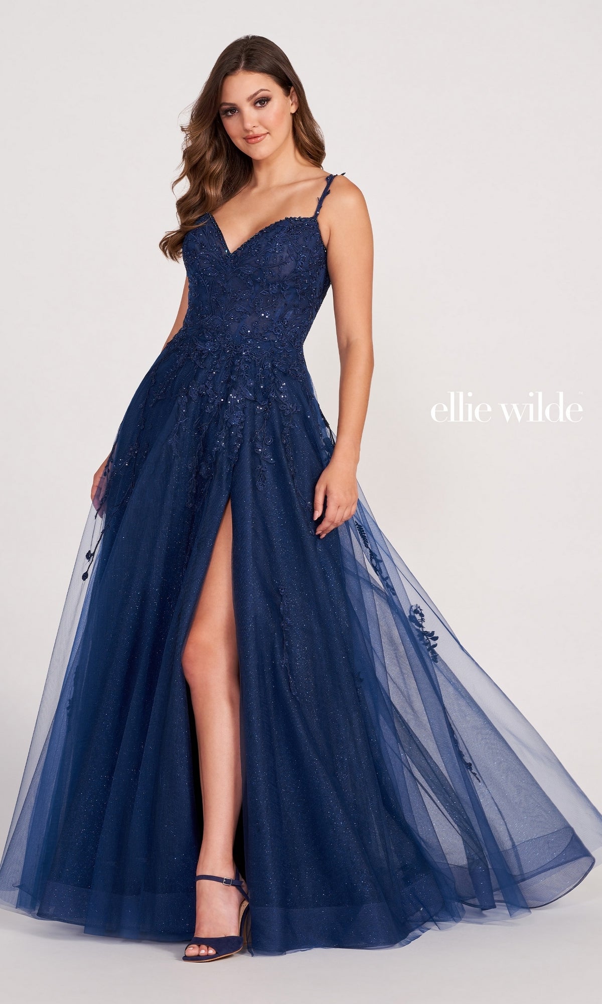 Ellie Wilde Long Glitter-Tulle A-Line Formal Dress