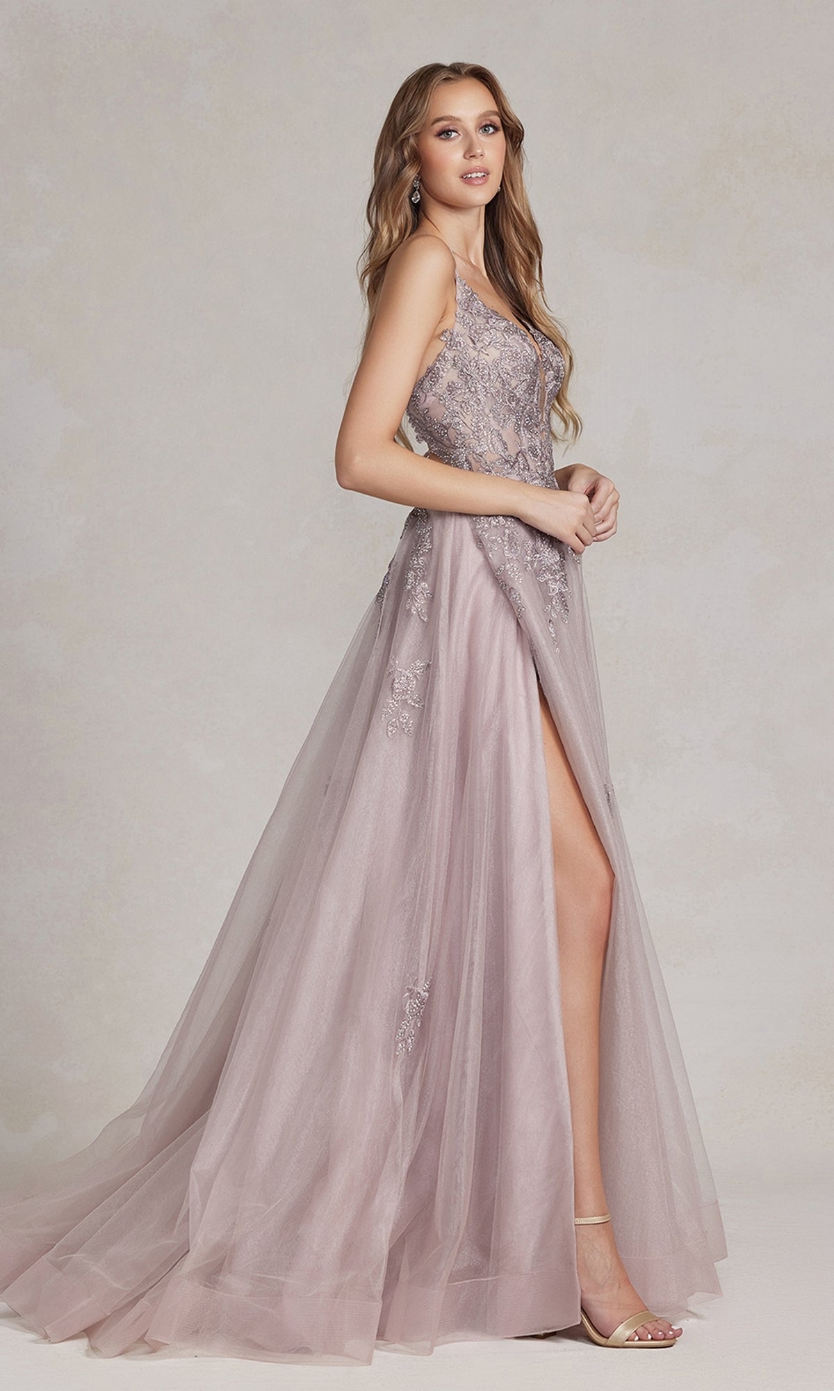 Open-Back Long Prom Ball Gown with Beads