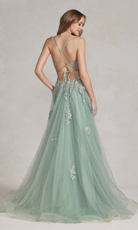 Open-Back Long Prom Ball Gown with Beads